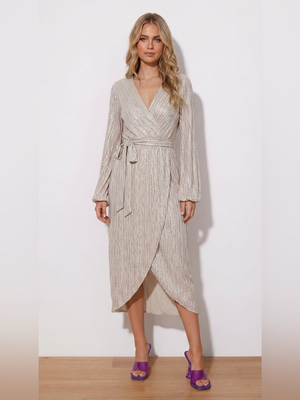 Guess Shimmery Cream Wrap Midi Dress